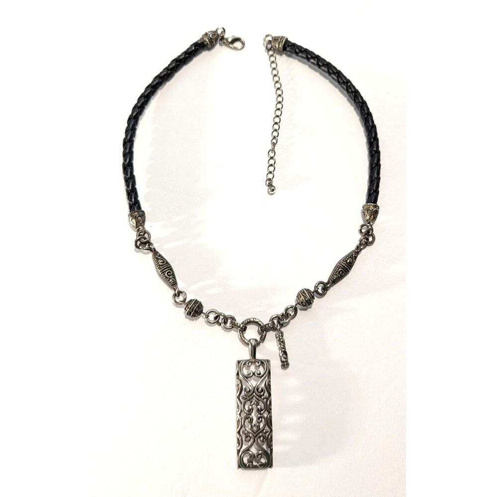 Boho Black Braided Leather Filigree Muted Silver Tone Necklace
